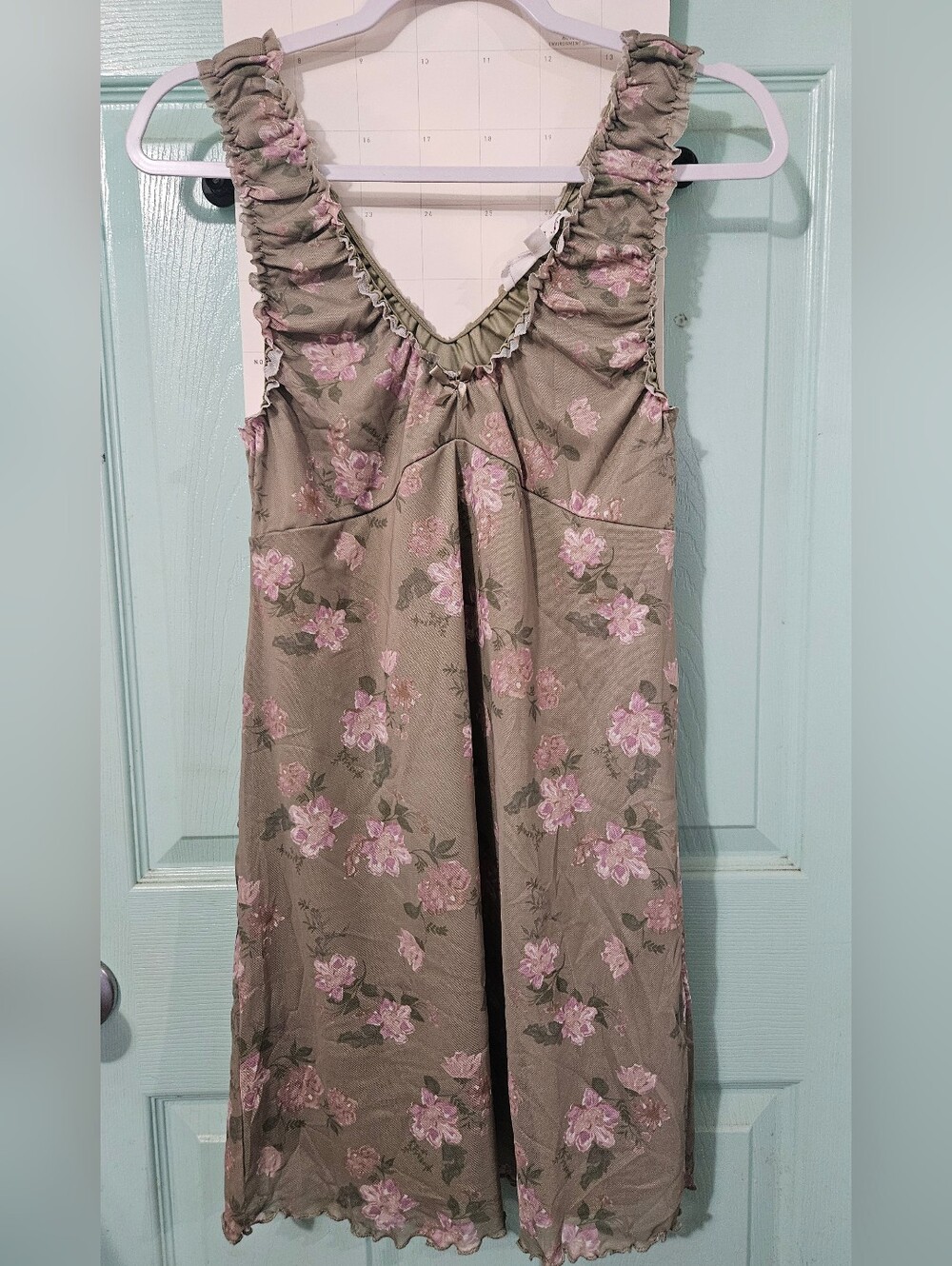 Olive Green Floral Ruffle-Trim Sundress with Pink Blooms